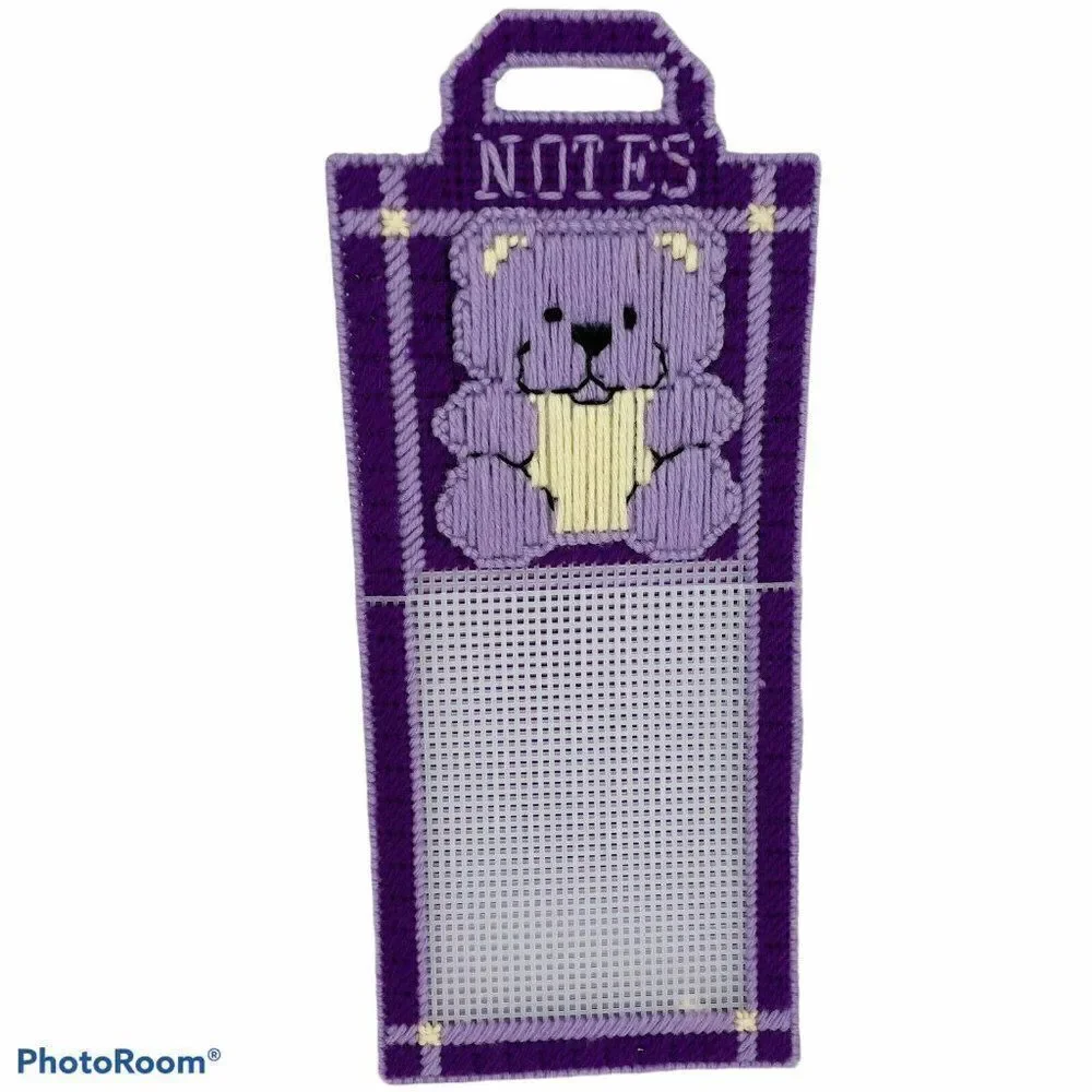 Vtg Plastic Canvas Purple Bear Hanging Note Holder Yarn Embroidery Kawaii Mail